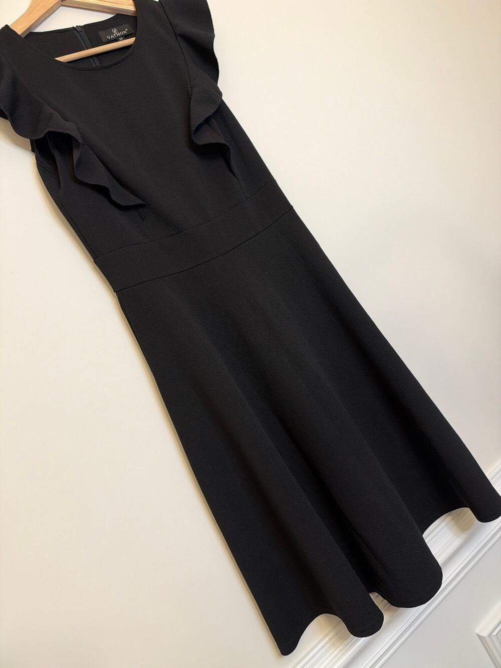 Yathon Black Ruffle Sleeve Fit and Flare Midi Dress M